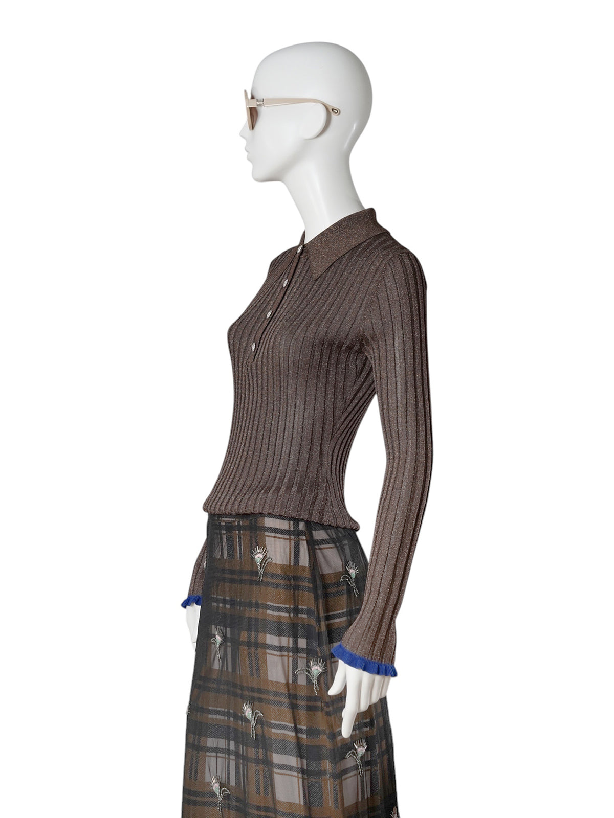Braunes Lurex-Poloshirt aus Rippstrick von Essentiel Antwerp – Ansicht 5