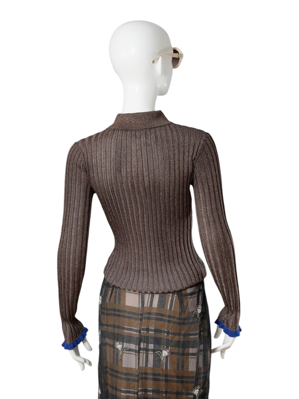 Braunes Lurex-Poloshirt aus Rippstrick von Essentiel Antwerp – Ansicht 6
