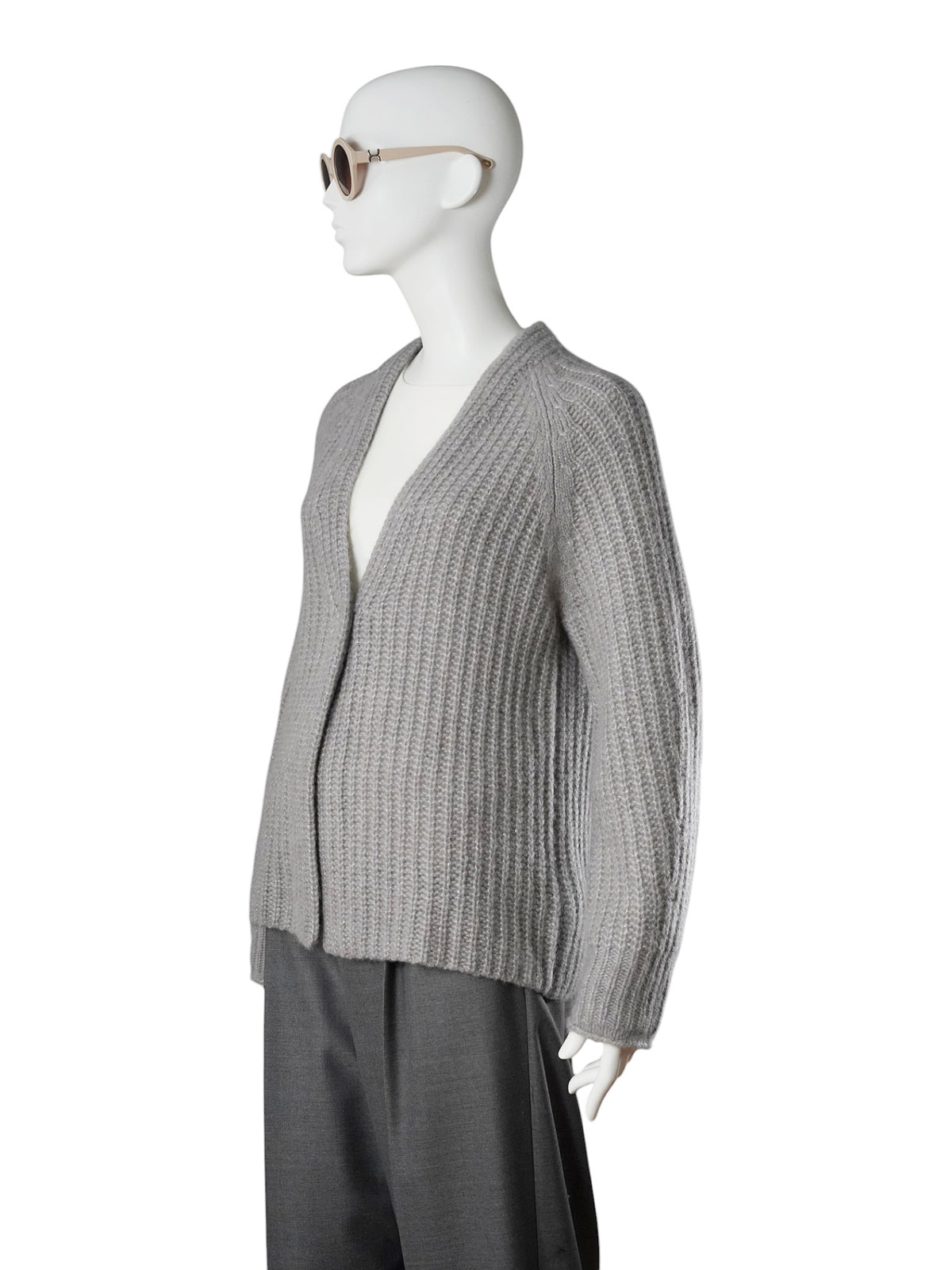 Grauer Grobstrick-Pullover mit V-Ausschnitt von Hemisphere – Ansicht 5