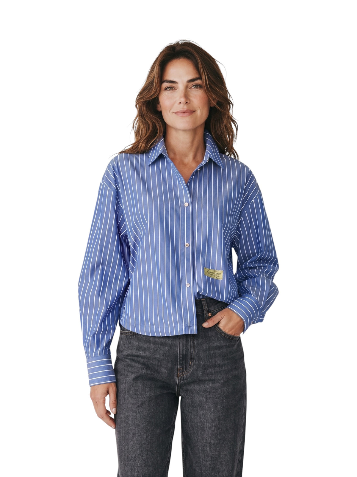 Blau-weiß gestreifte Hemdbluse mit Logo-Patch von Essentiel Antwerp