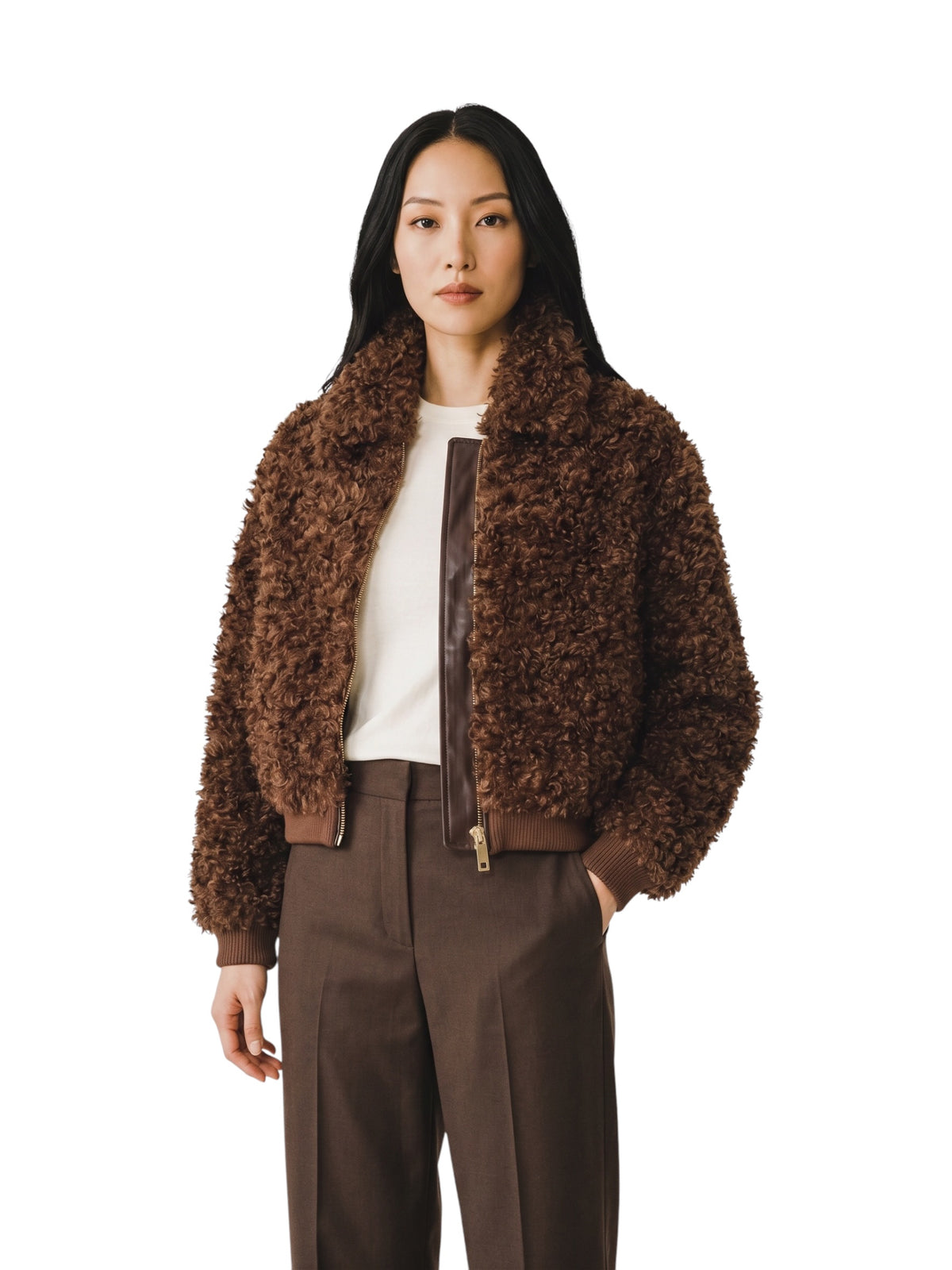 Schokoladenbrauner Fake-Fur-Blouson in Lockenfell-Optik von Hemisphere