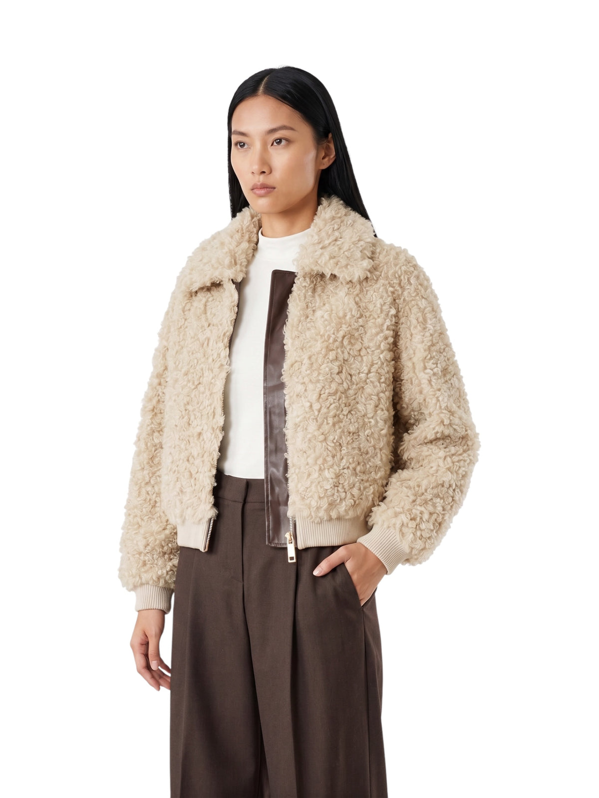 Beigefarbener Fake-Fur-Blouson in Lockenfell-Optik von Hemisphere