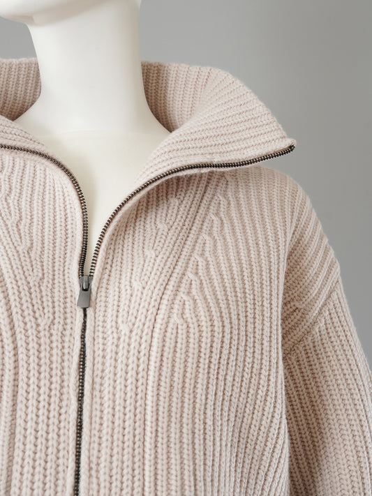 Rosé-beigefarbener Zip-Cardigan aus Grobstrick von FFC – Ansicht 4