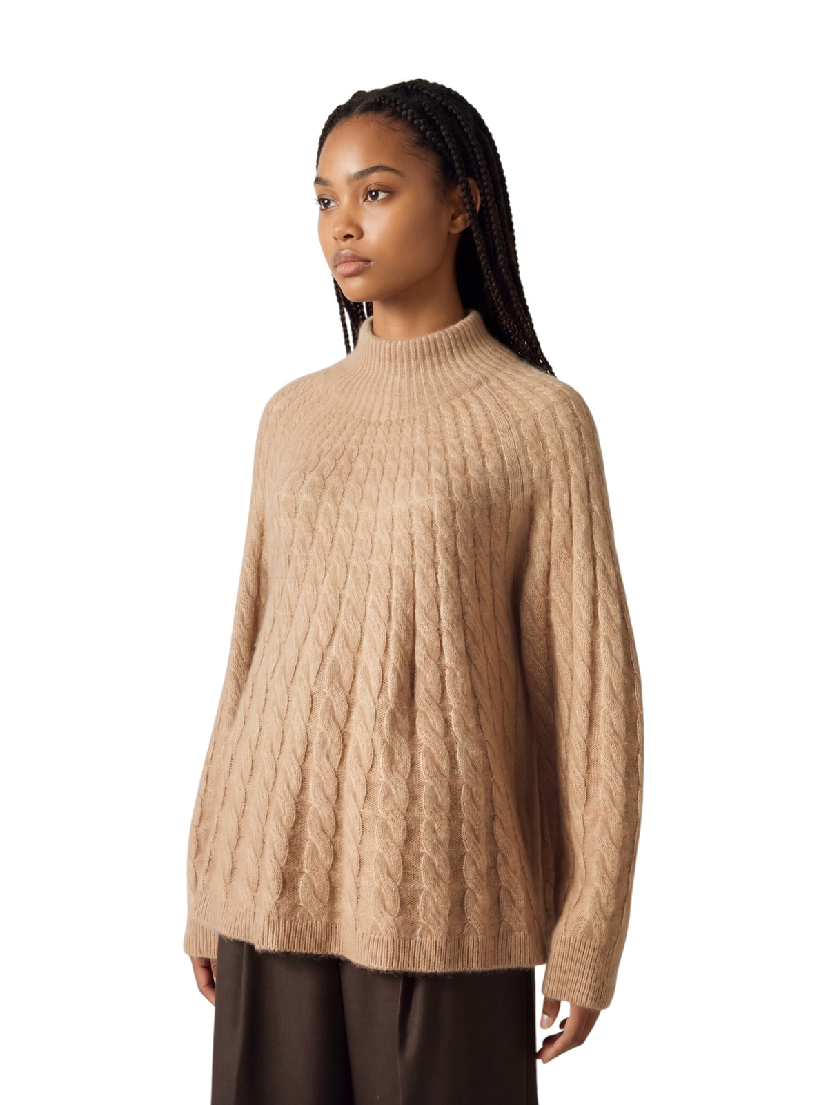 Camelfarbener Zopfstrick-Pullover mit Stehkragen von Hemisphere