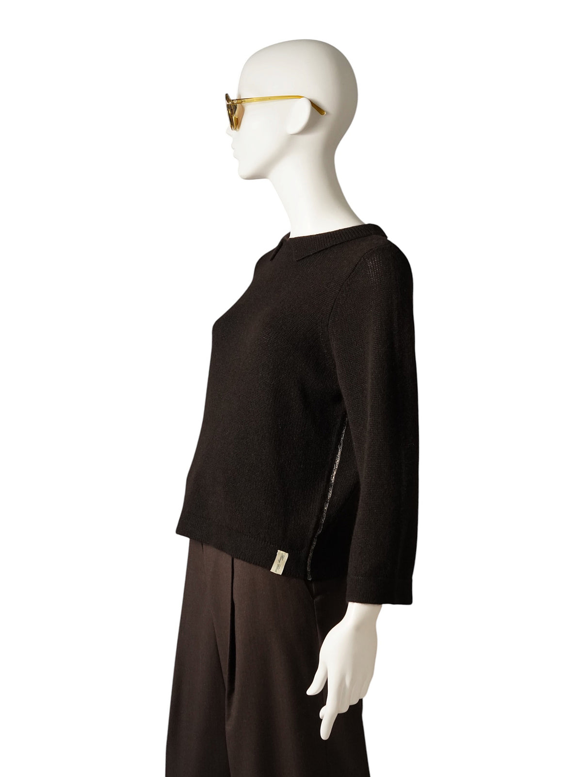 Espressobrauner Kaschmir-Pullover mit Polokragen von Henry Christ – Seitenansicht