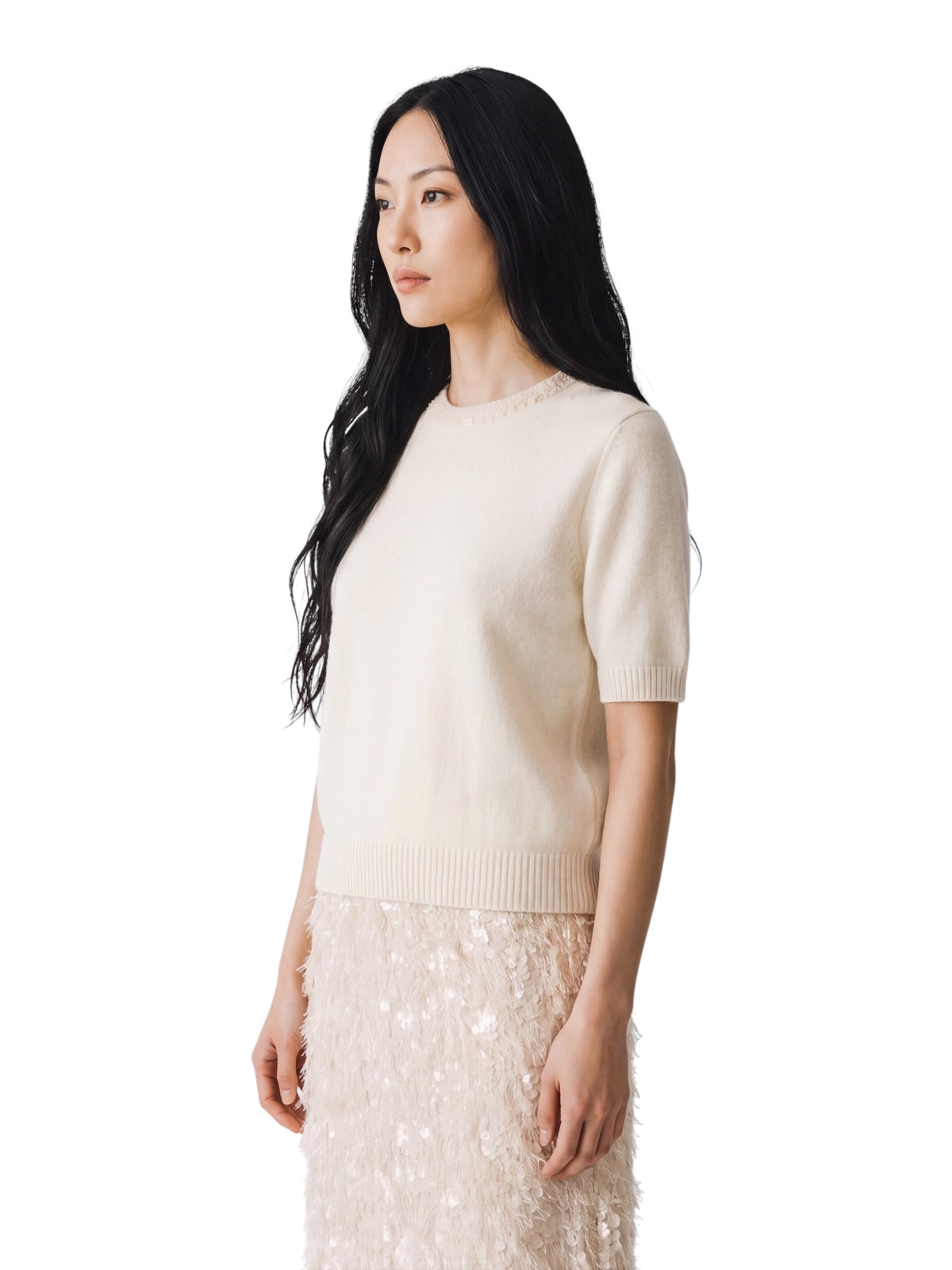 Cremefarbener Halbarm-Pullover mit Perlenausschnitt von Semicouture