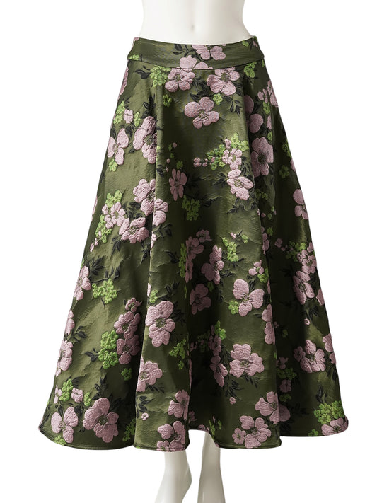 Dunkelgrüner Jacquard-Midirock mit Blütenmuster von Essentiel Antwerp