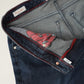 Dunkelblaue Jeans mit Kaschmir-Anteil von Ace Denim – geöffneter Bund mit bedrucktem Taschenfutter