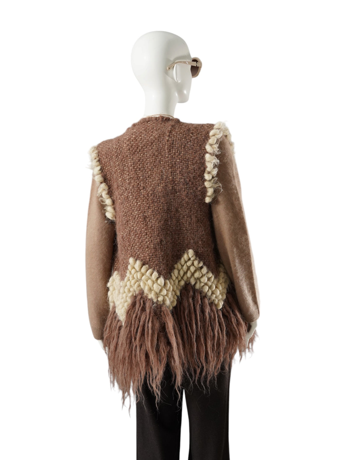 Taupefarbene handgewebte Wollweste mit Fransen von Carpatka – Ansicht 5