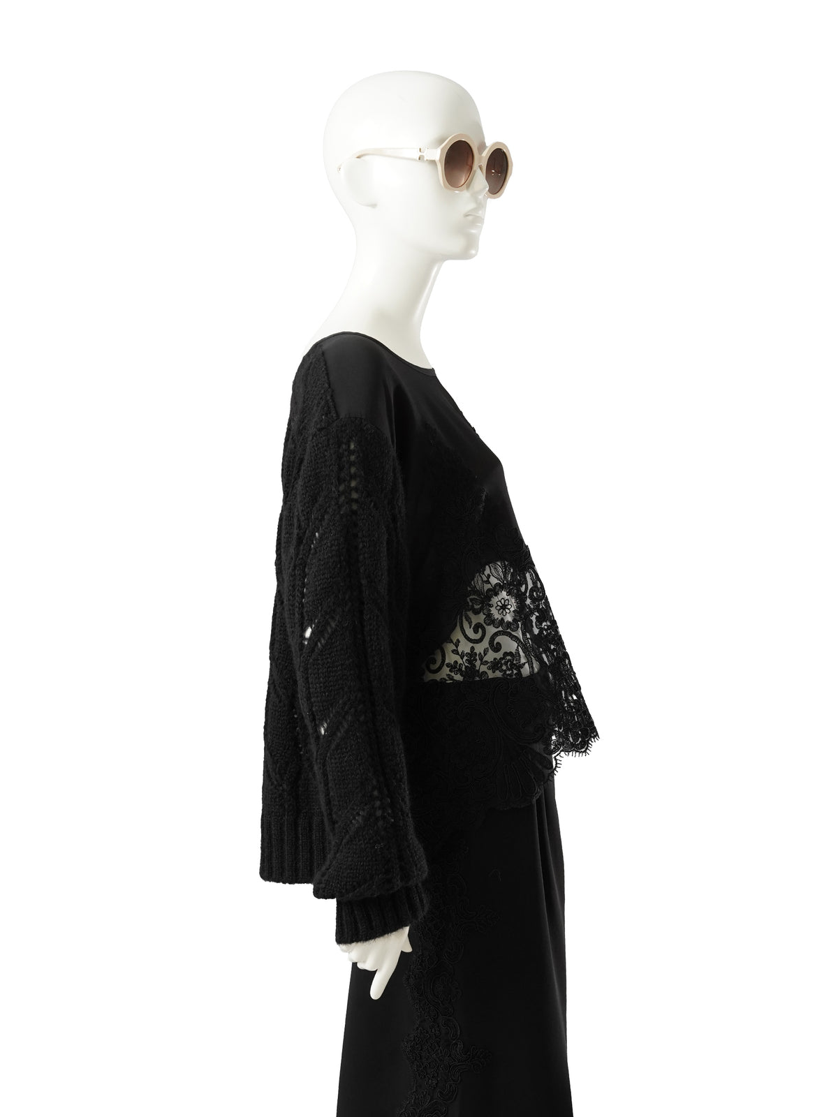 Schwarzer Grobstrickpullover mit Spitze und Satin von Maurizio Mykonos – Ansicht 5