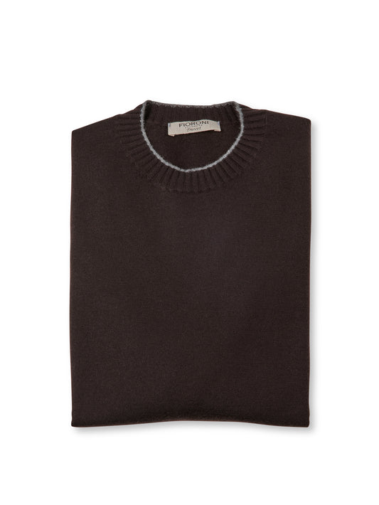 Espressofarbener Kammgarn Kaschmir-Roundneck Duvet von Fioroni
