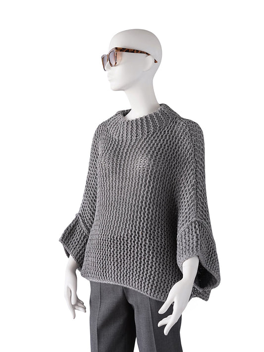 Grauer Oversized-Poncho-Pullover mit Trompeten-Ärmeln von FFC – Ansicht 2