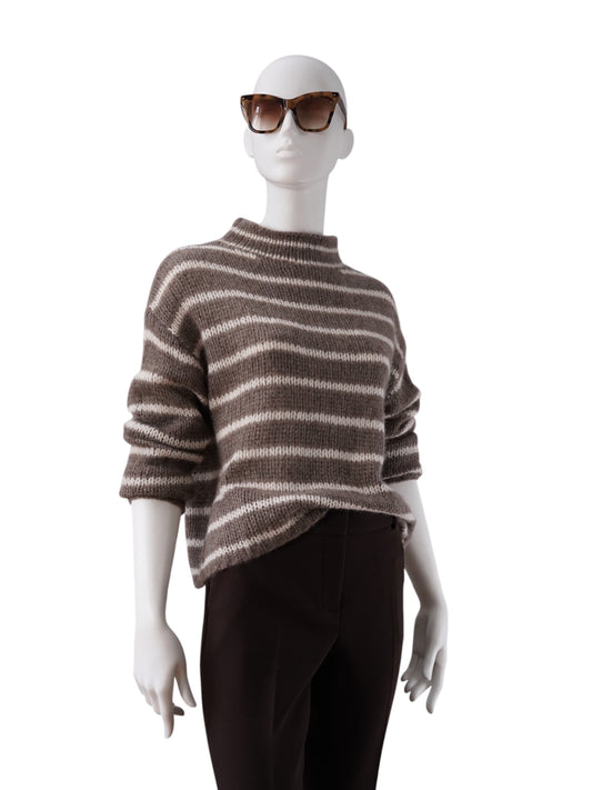 Taupe-cremefarbener gestreifter Turtleneck mit Stehkragen von Henry Christ