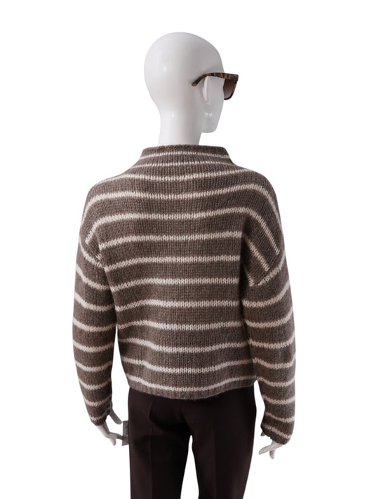 Taupe-cremefarbener gestreifter Turtleneck mit Stehkragen von Henry Christ – Ansicht 3