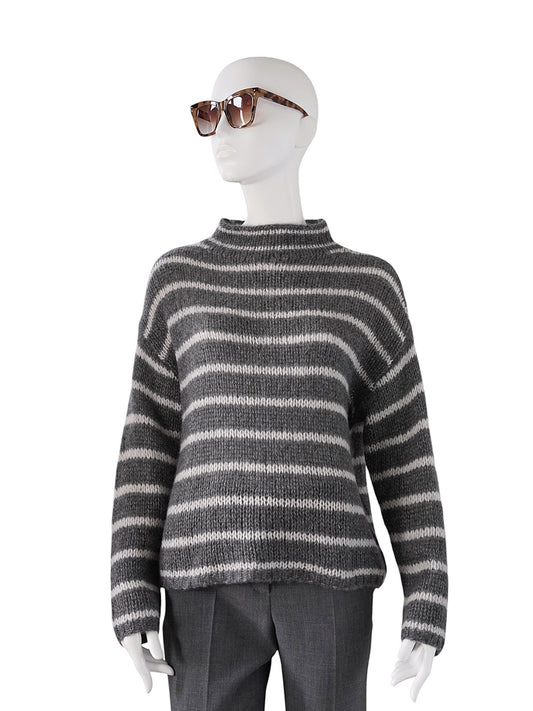 Grau-cremefarbener gestreifter Turtleneck mit Stehkragen von Henry Christ