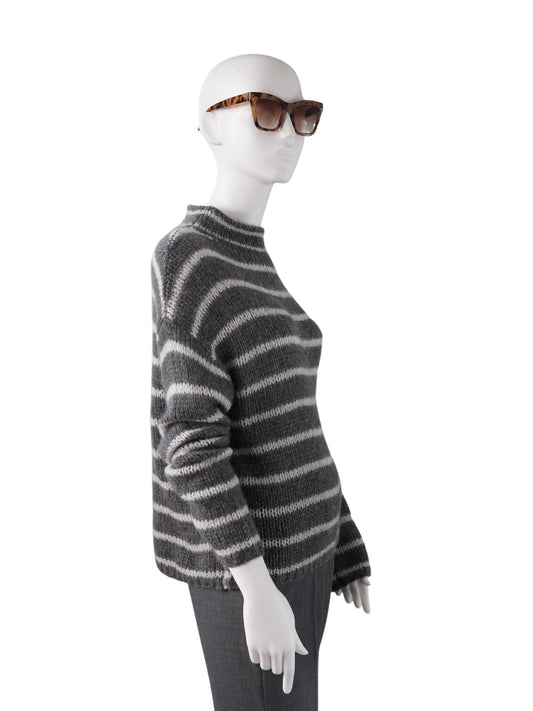 Grau-cremefarbener gestreifter Turtleneck mit Stehkragen von Henry Christ – Ansicht 4
