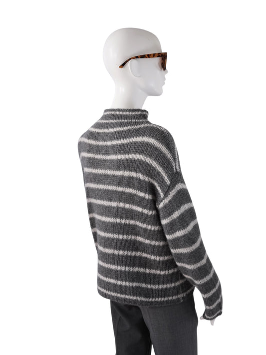 Grau-cremefarbener gestreifter Turtleneck mit Stehkragen von Henry Christ – Ansicht 7