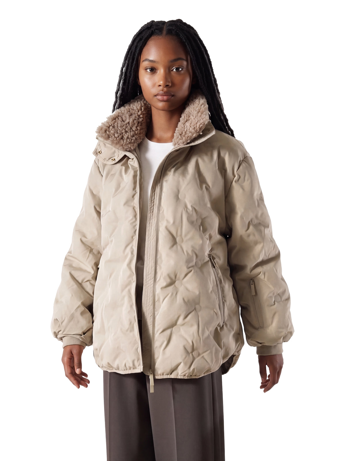 Greigefarbene Steppjacke mit Teddykragen von 10days
