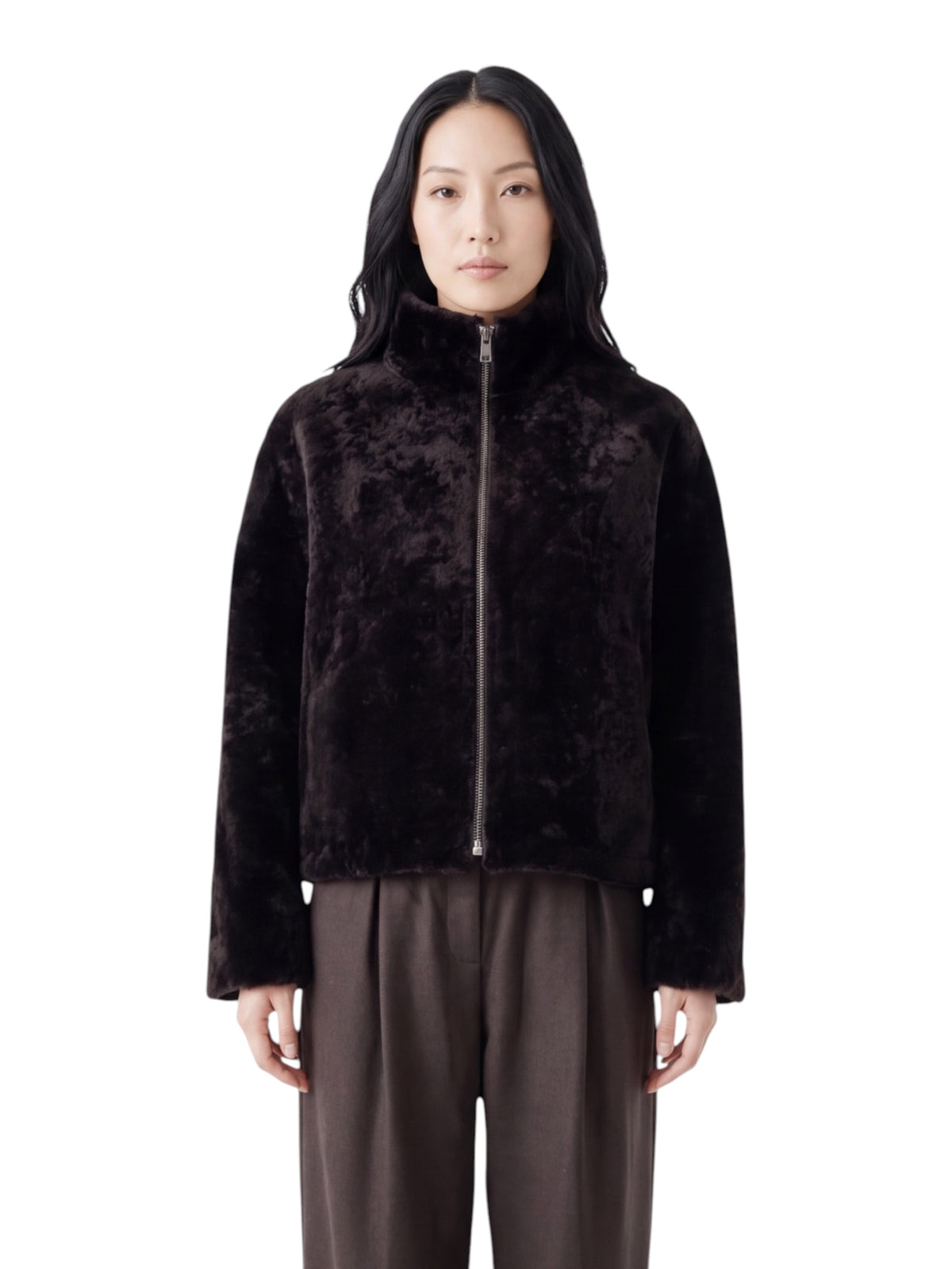 Dunkelbraune wendbare Lammfelljacke mit Stehkragen von Werner Christ – Ansicht 2
