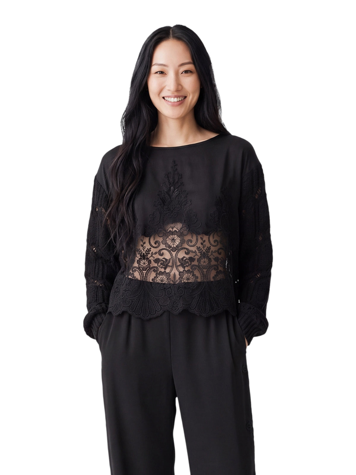 Schwarzer Grobstrickpullover mit Spitze und Satin von Maurizio Mykonos