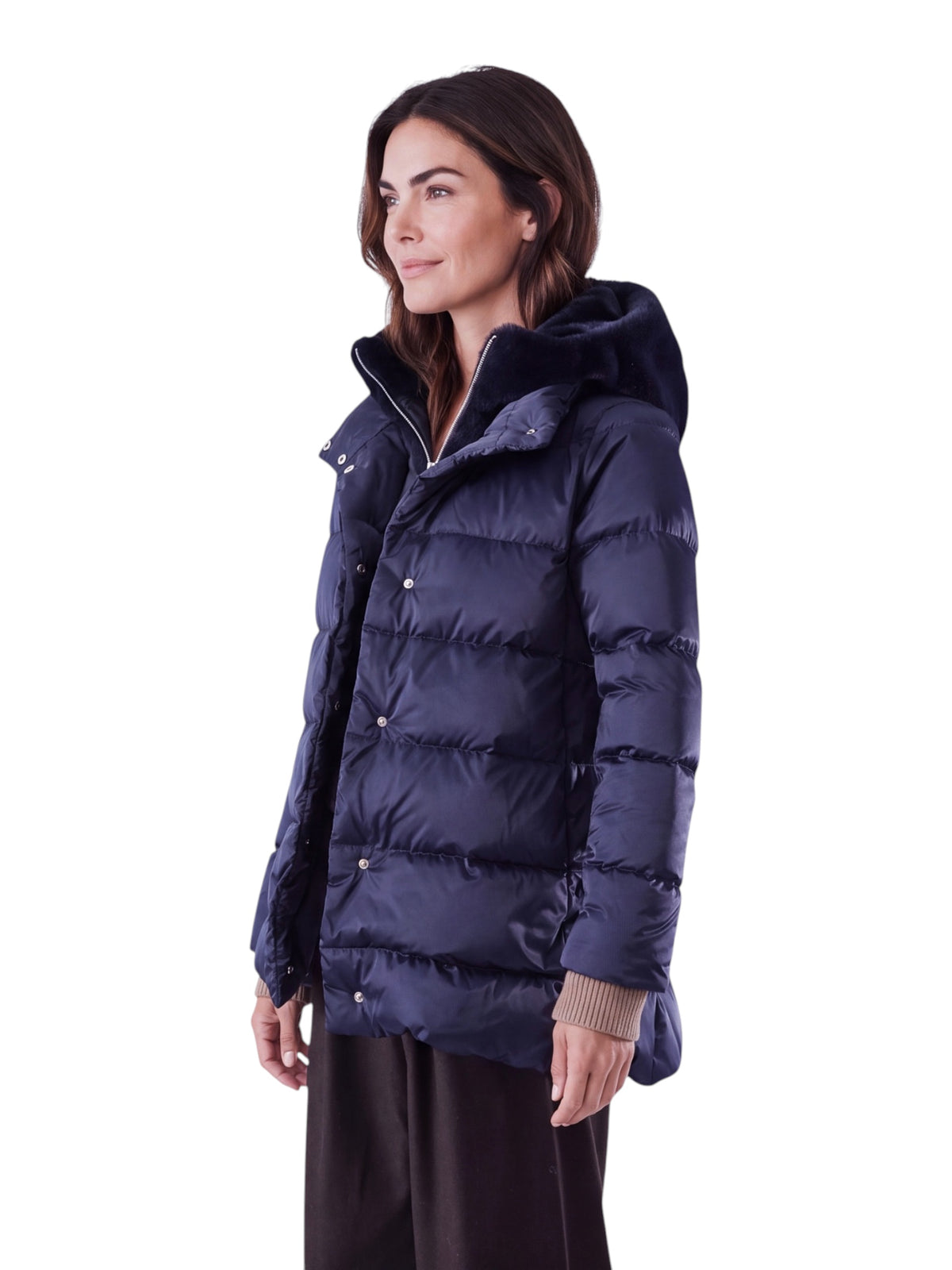 Marineblaue Daunenjacke mit flauschiger Kapuze von Herno