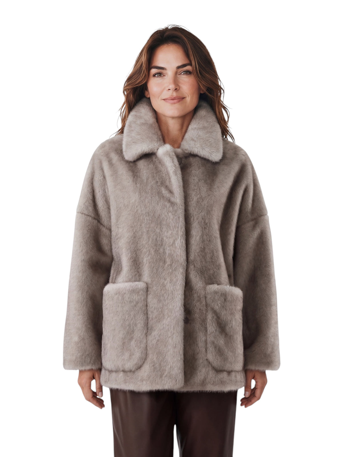 Perlgraue Webpelzjacke mit Hemdkragen von Herno