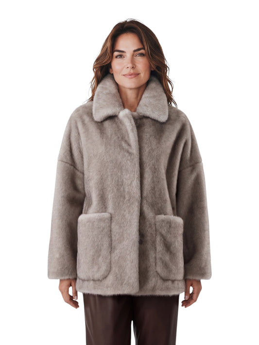 Perlgraue Webpelzjacke mit Hemdkragen von Herno