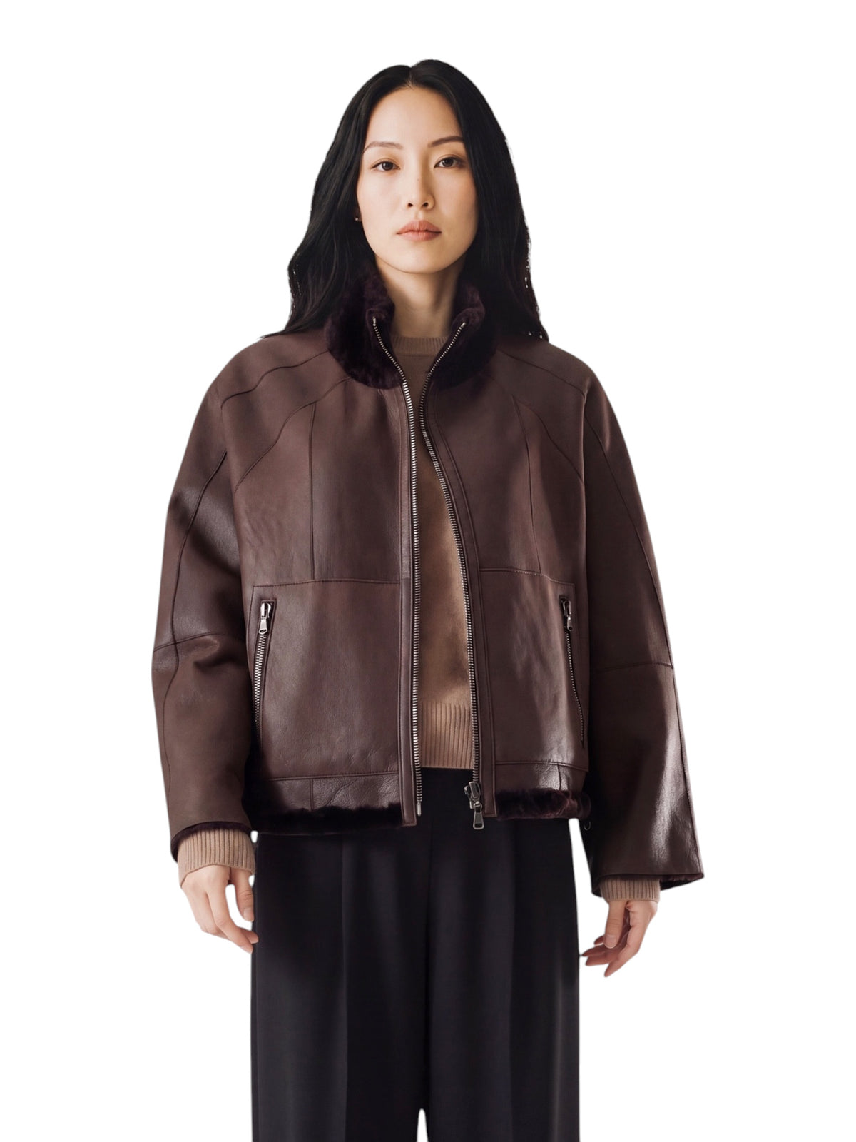 Dunkelbraune wendbare Lammfelljacke mit Stehkragen von Werner Christ