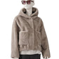 Beige/Graue Fake-Fur Jacke mit Kapuze