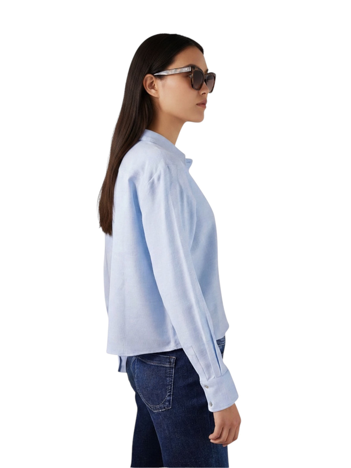 Hellblaue, kurz geschnittene Flanell-Bluse von Henry Christ
