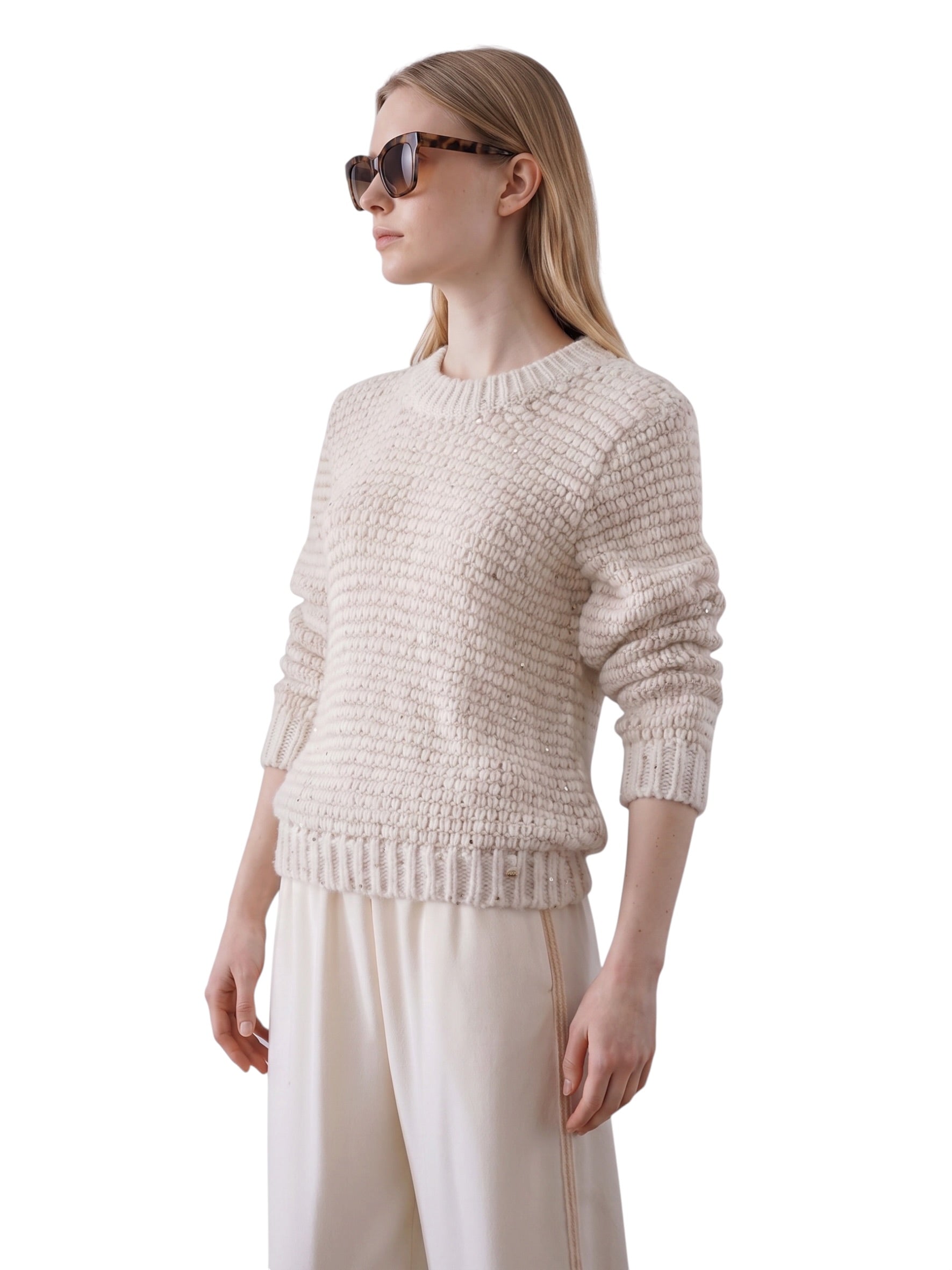 Sandfarbener Grobstrick-Pullover mit Pailletten von Herno – Ansicht 3