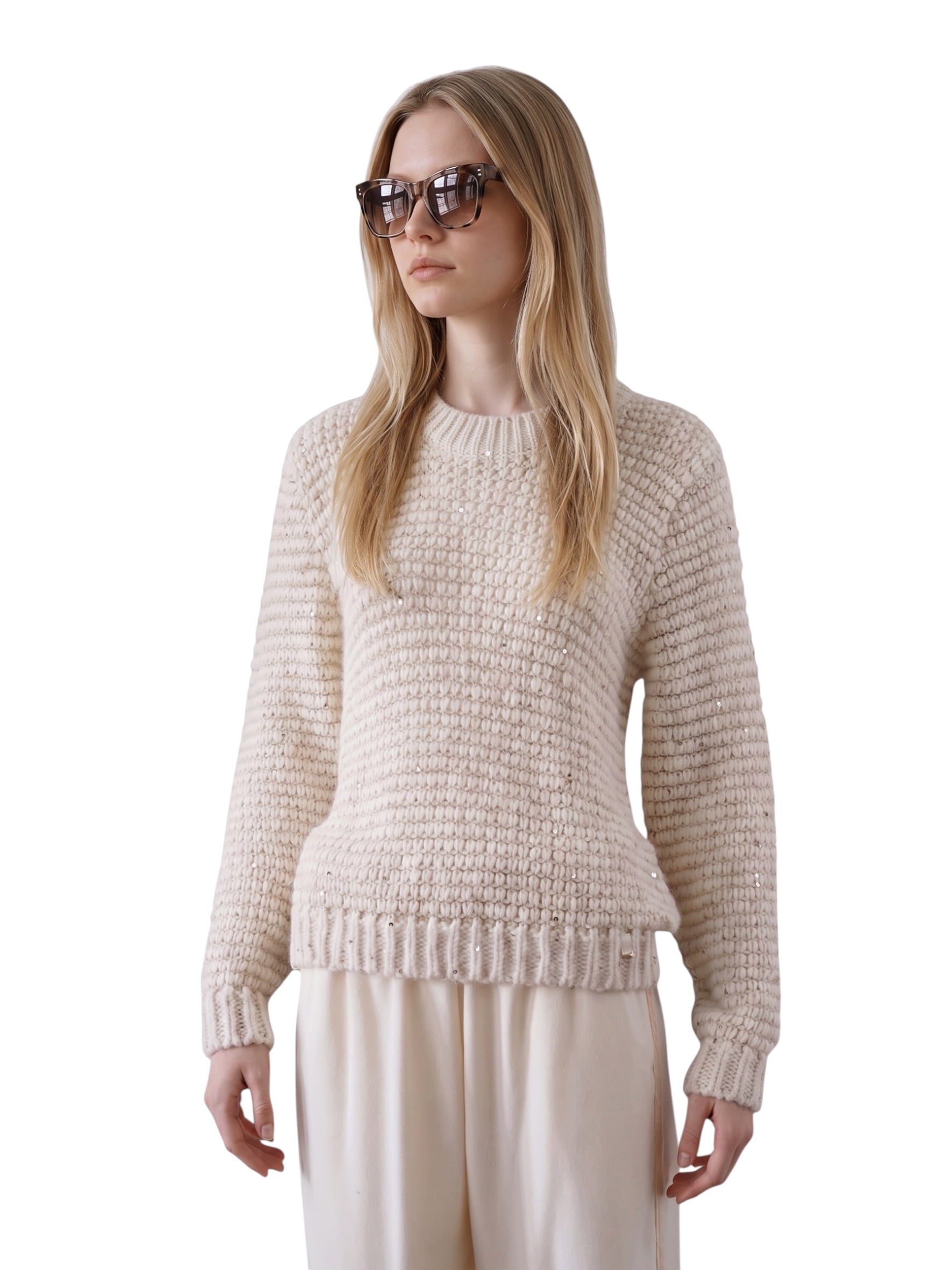Sandfarbener Grobstrick-Pullover mit Pailletten von Herno