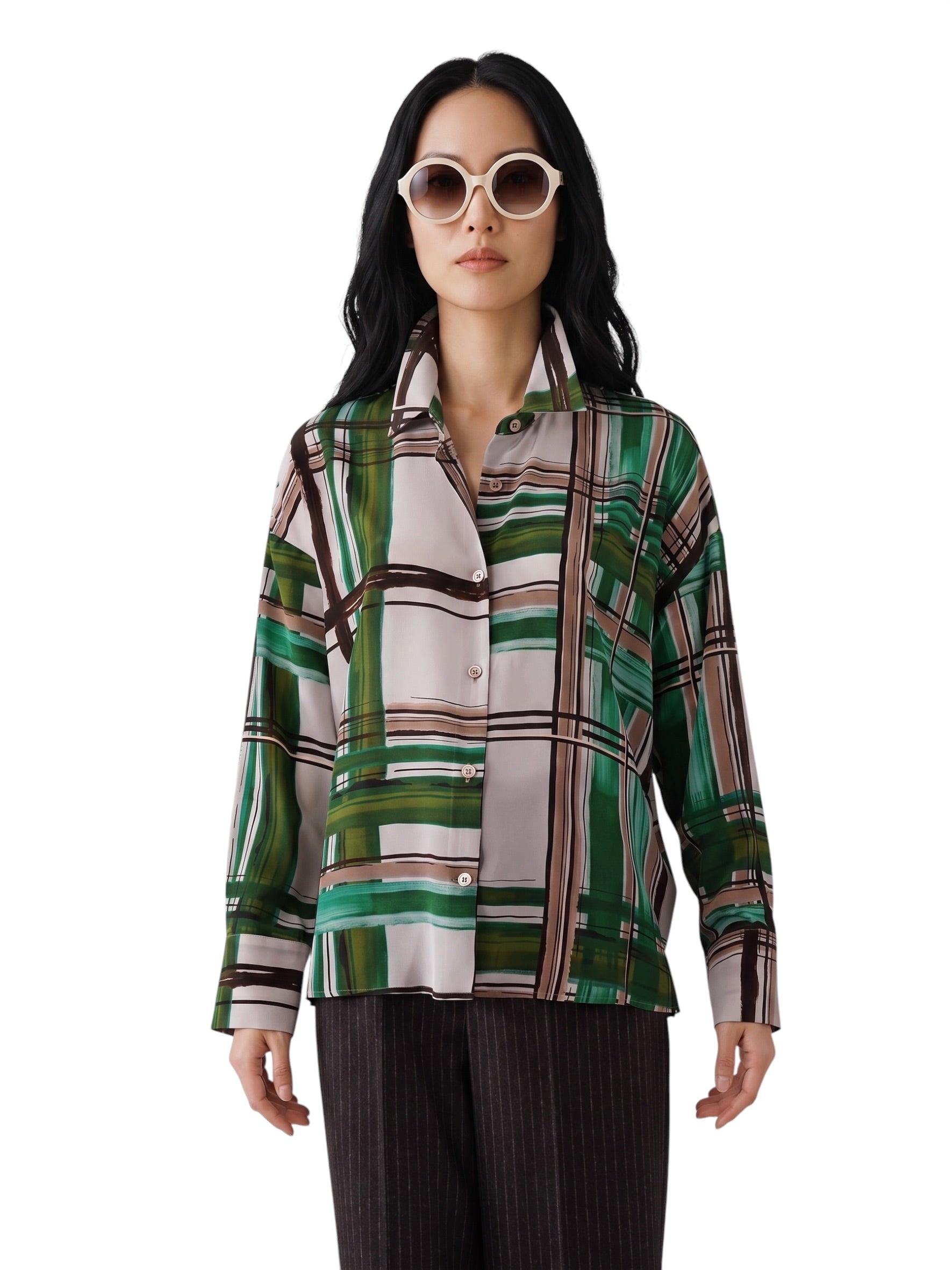 Grün-braun karierte Seidenbluse mit Pinselstrich-Muster von ODEEH