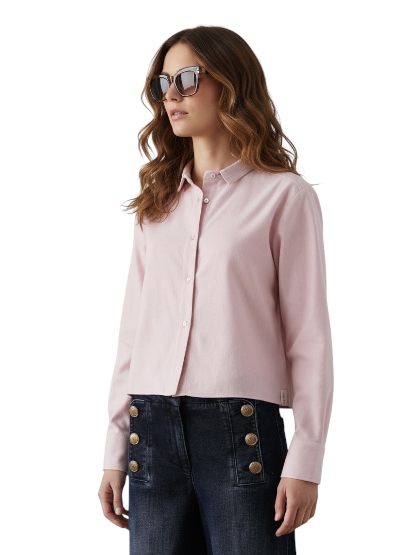 Rosafarbene, kurz geschnittene Flanell-Bluse von Henry Christ