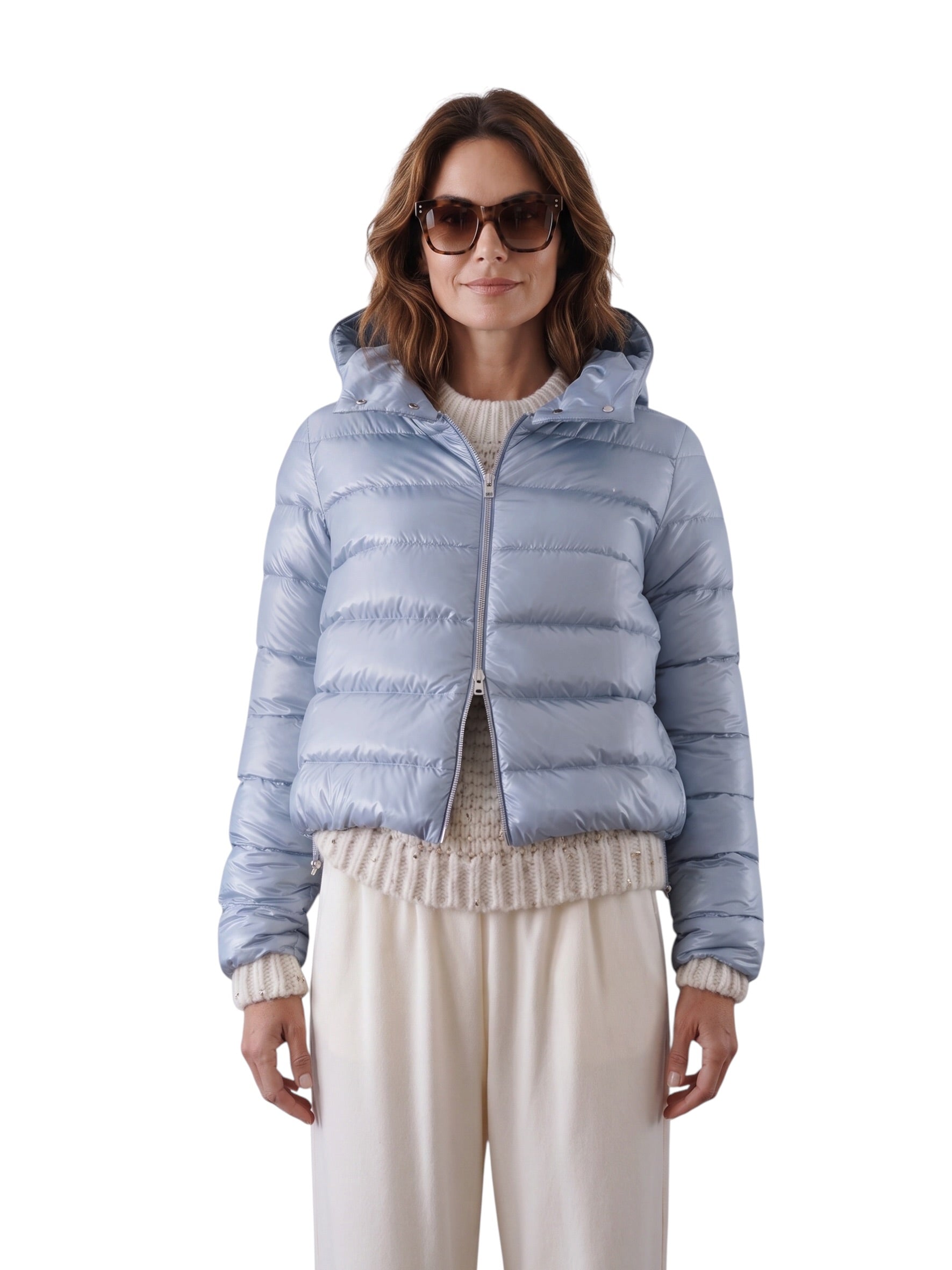 Hellblaue Daunen-Jacke mit Kapuze von Herno – Ansicht 2
