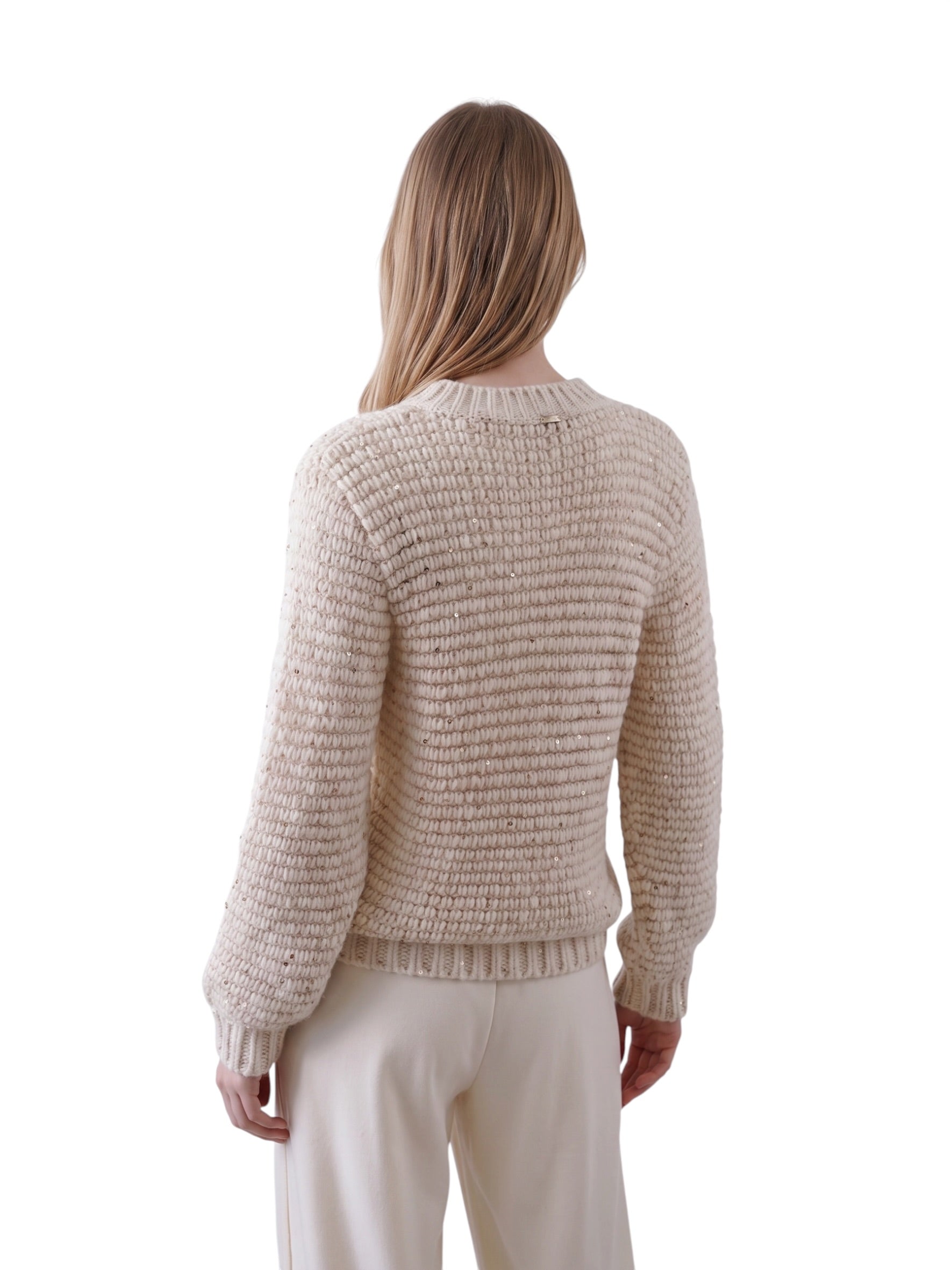 Sandfarbener Grobstrick-Pullover mit Pailletten von Herno – Ansicht 4