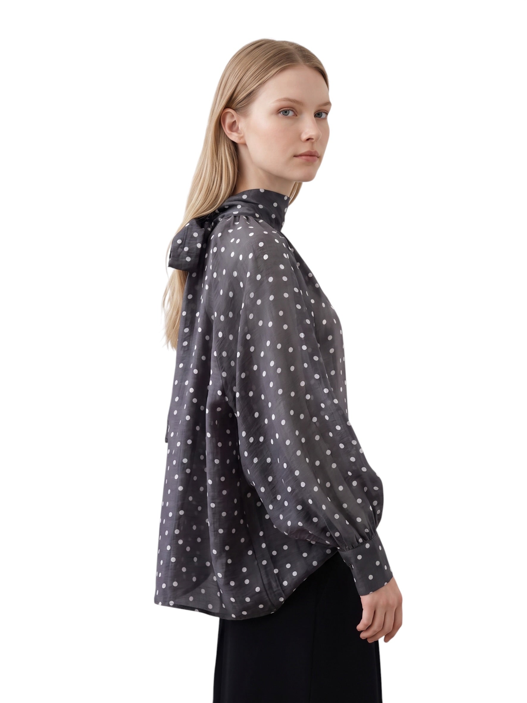 Graue transparente Punkte-Bluse mit Schleife von SoSue – Ansicht 2