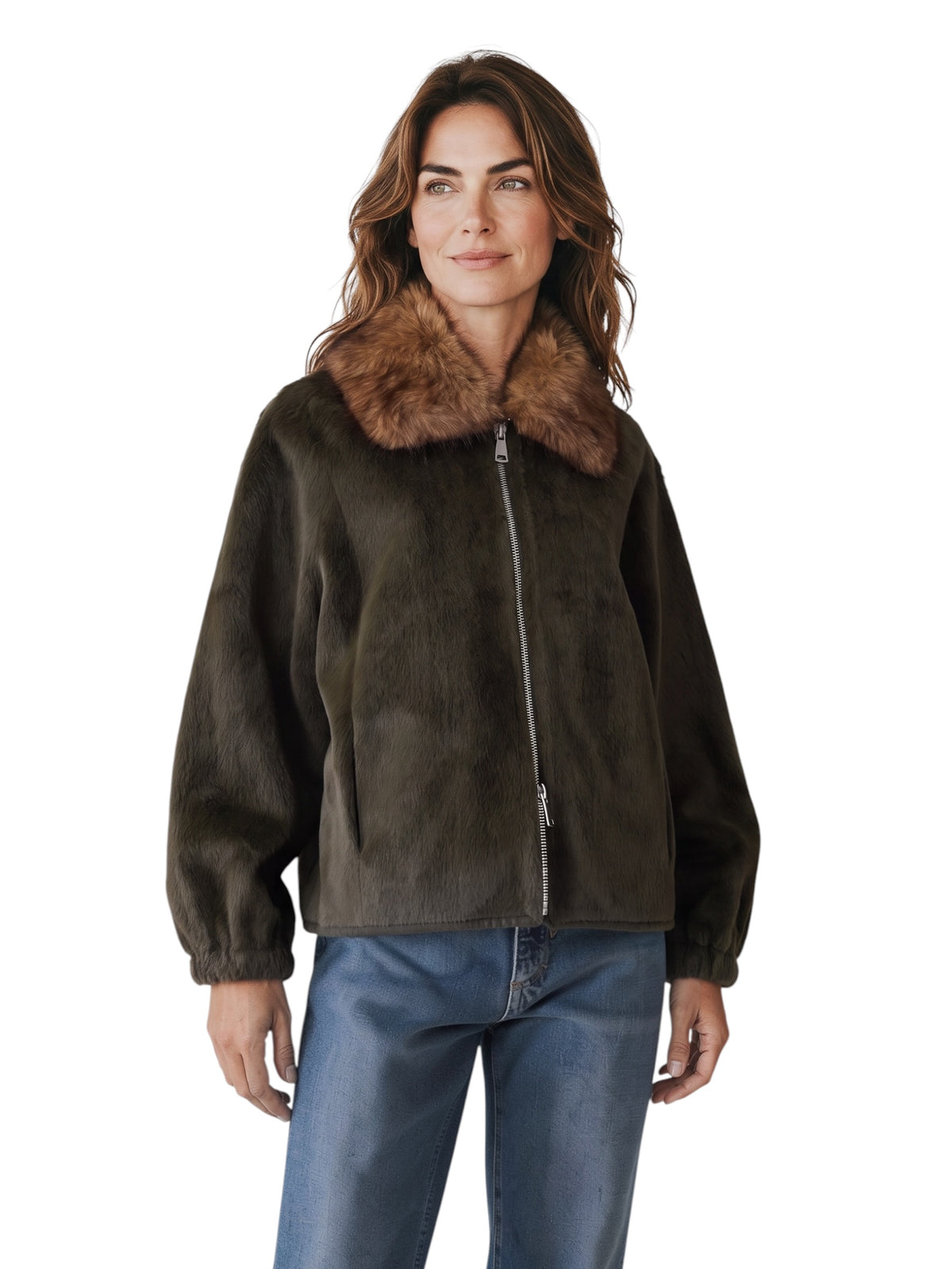 Dunkelgrüne Kunstfell-Jacke mit Zobel-Kragen von Betta Corradi