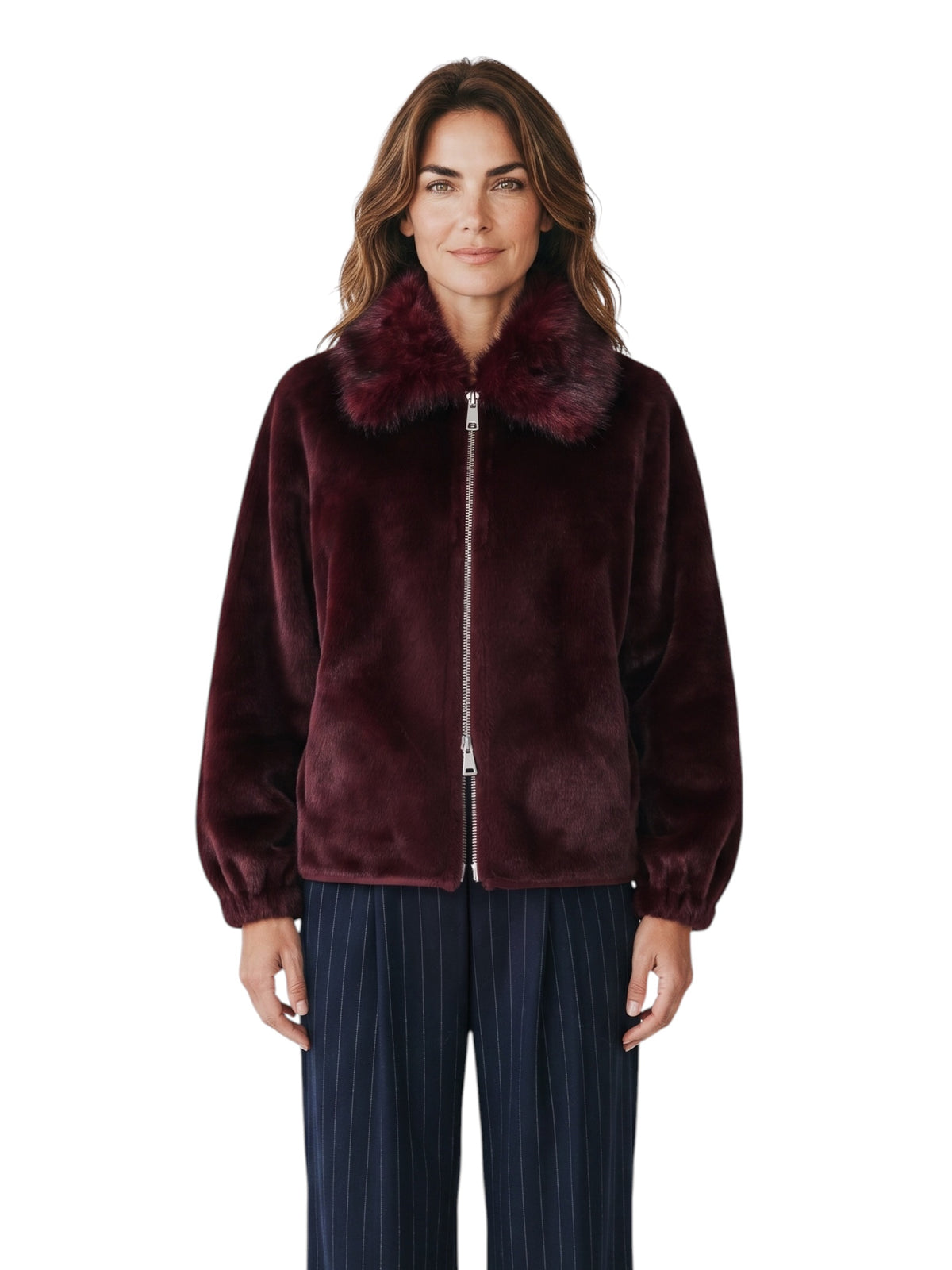 Pflaumenfarbene Kunstfell-Jacke mit Zobel-Kragen von Betta Corradi