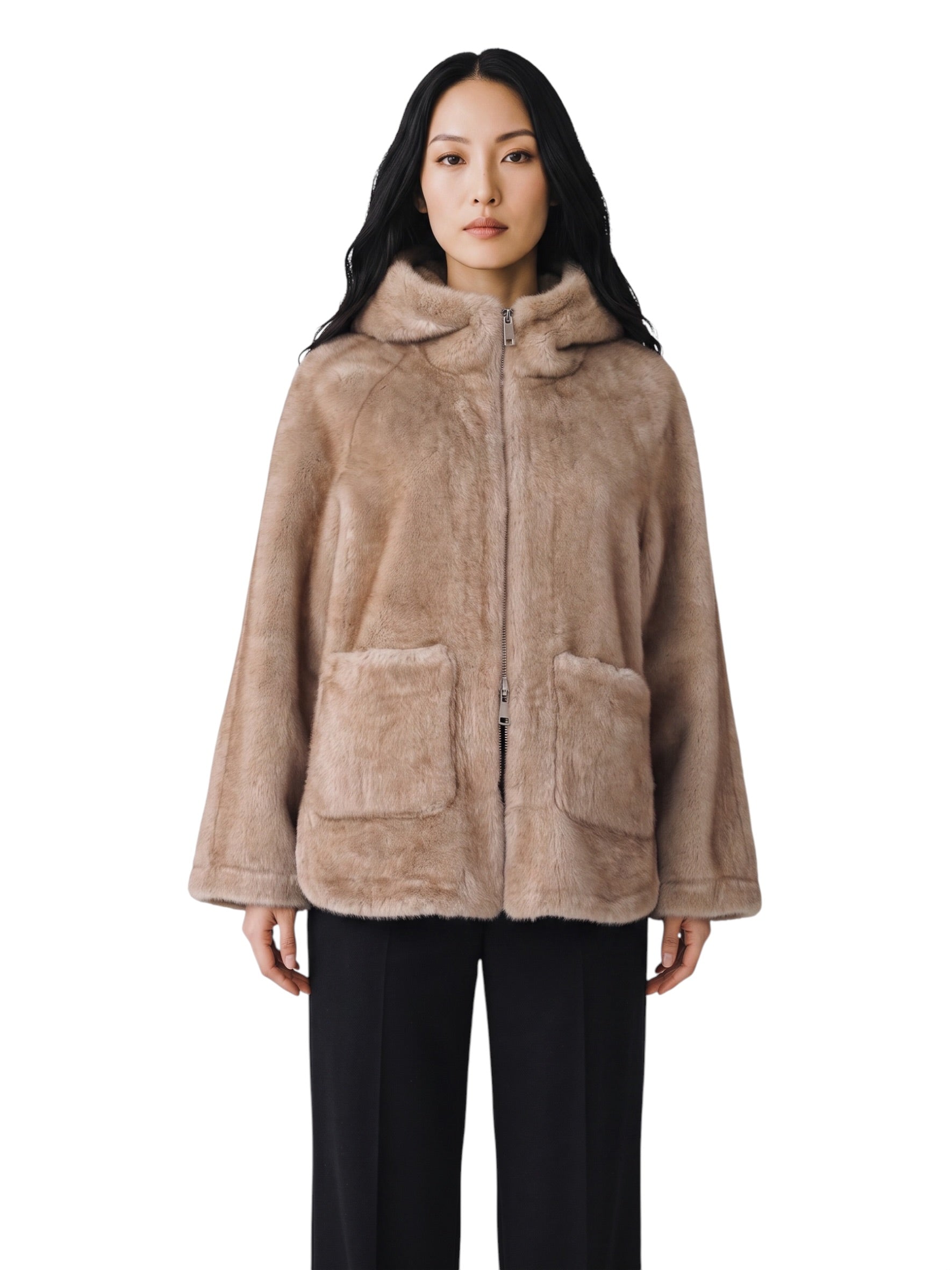 Beige wendbare Kunstfell-Jacke mit Kapuze von Betta Corradi