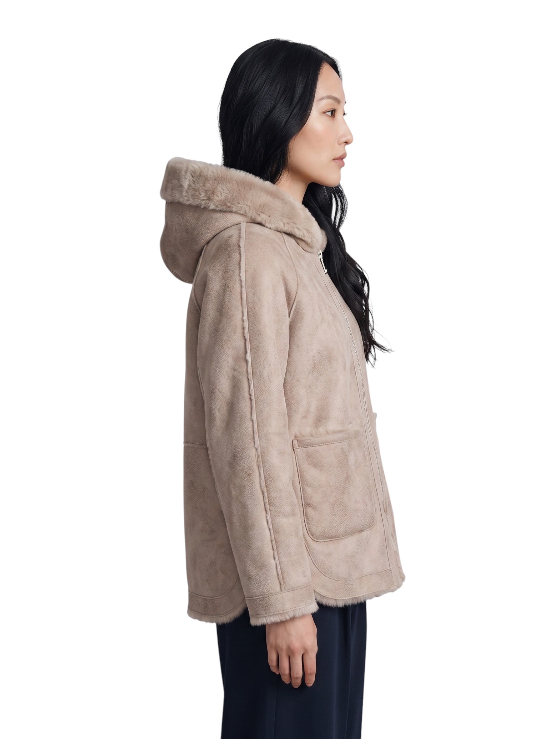 Beige wendbare Kunstfell-Jacke mit Kapuze von Betta Corradi – Ansicht 2