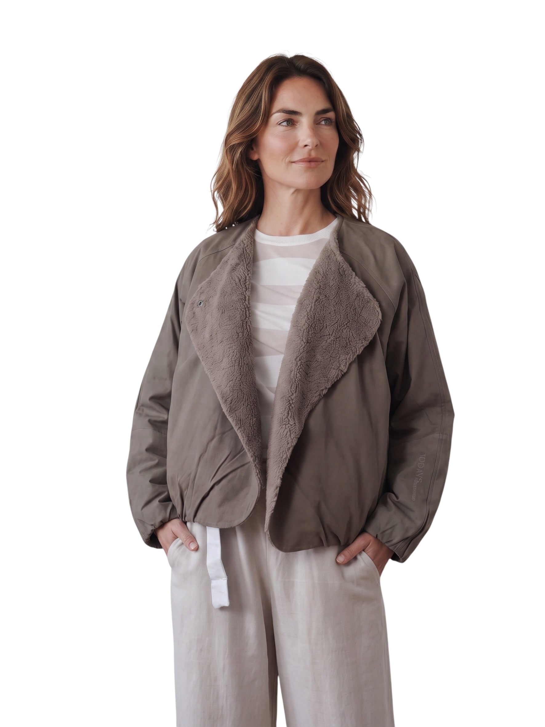 Taupefarbene Wildleder-Jacke mit Teddyfutter von 10days