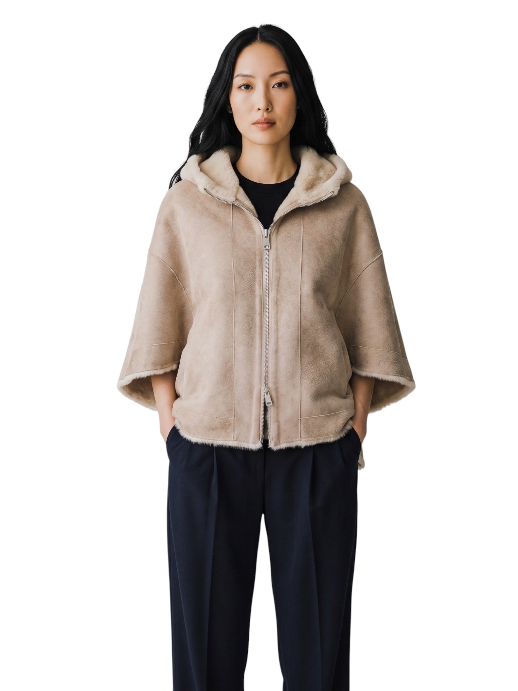 Beige wendbares Kunstfell-Cape mit Kapuze von Betta Corradi – Ansicht 2