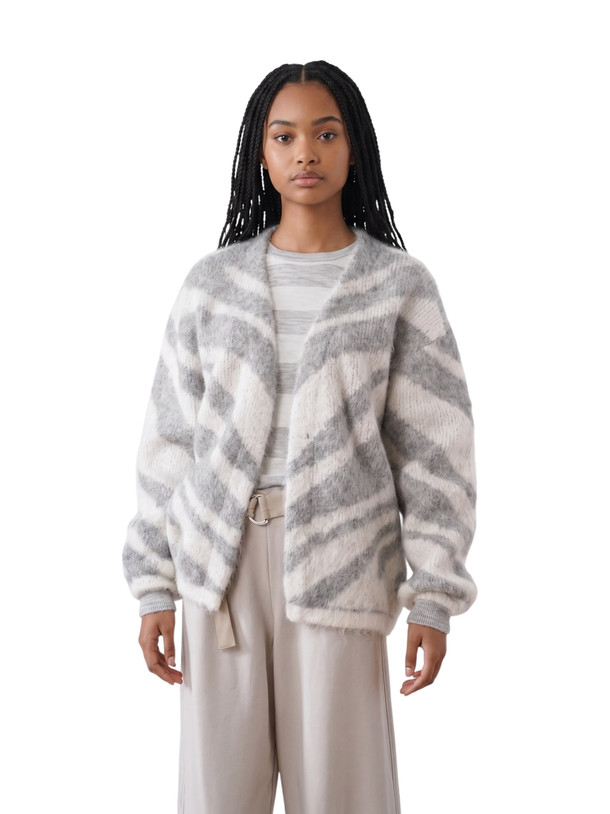 Ecrufarbene Alpaka-Strickjacke mit Zebra-Muster von 10days