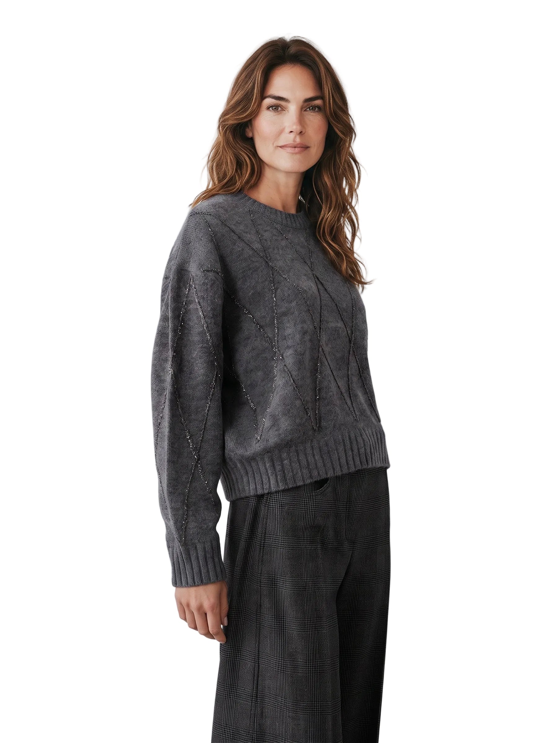 Grauer Strickpullover mit goldenem Rautenmuster von Dorothee Schumacher