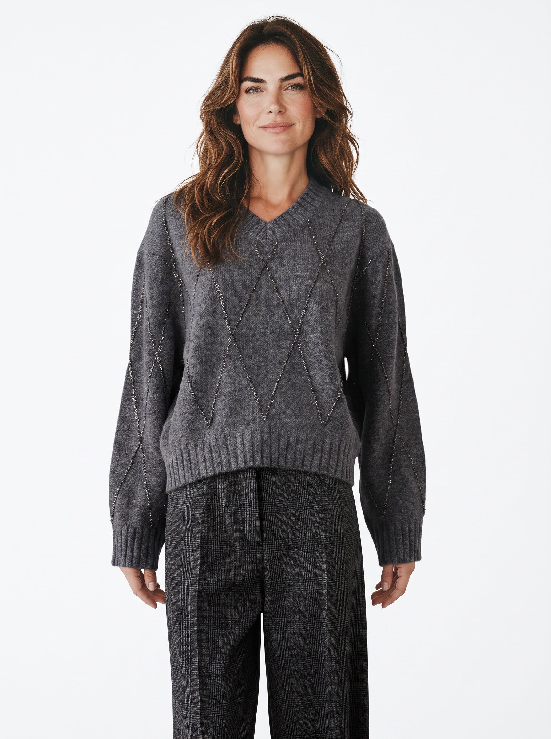 Grauer Strickpullover mit goldenem Rautenmuster von Dorothee Schumacher – Ansicht 2