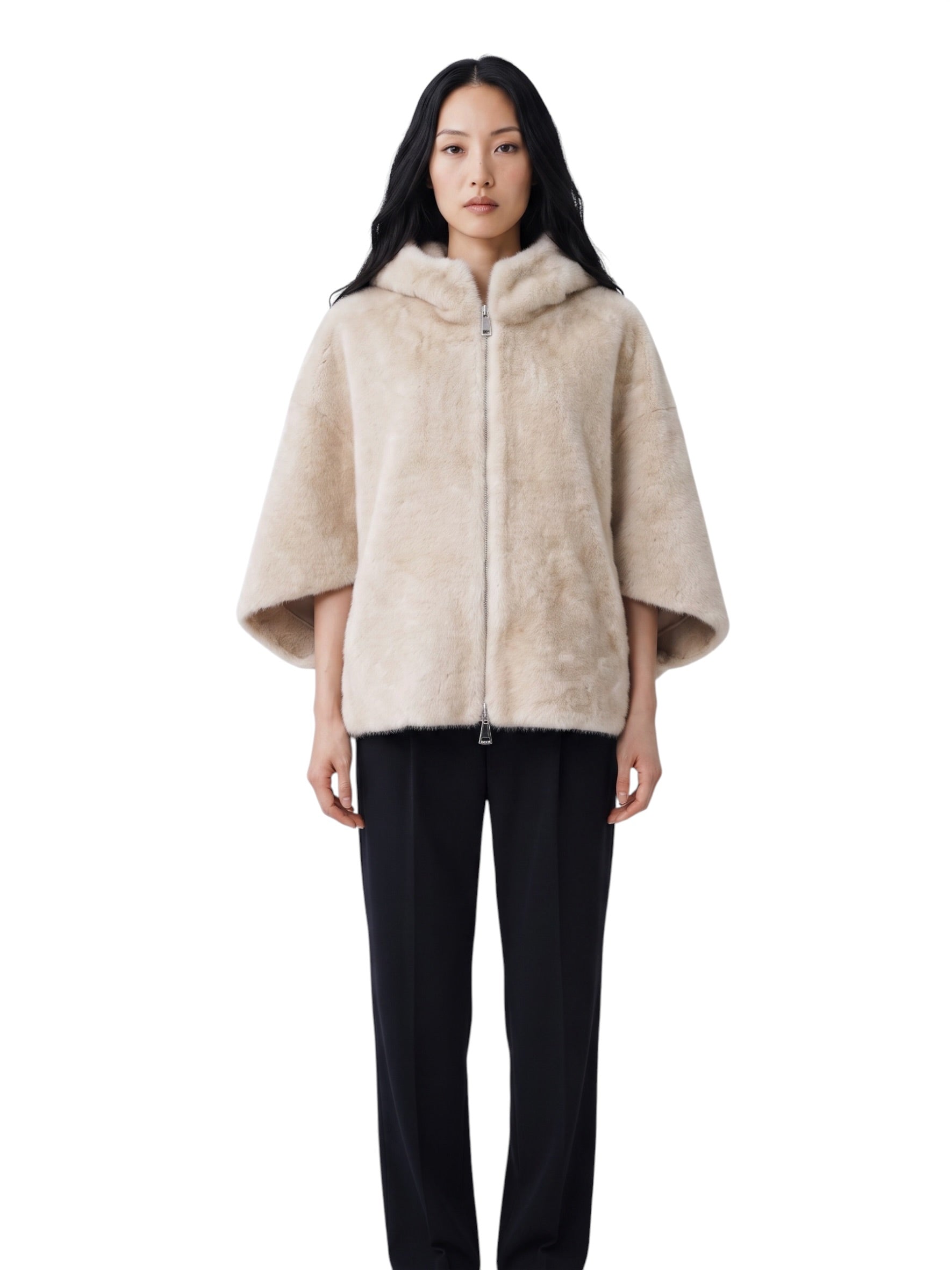 Beige wendbares Kunstfell-Cape mit Kapuze von Betta Corradi