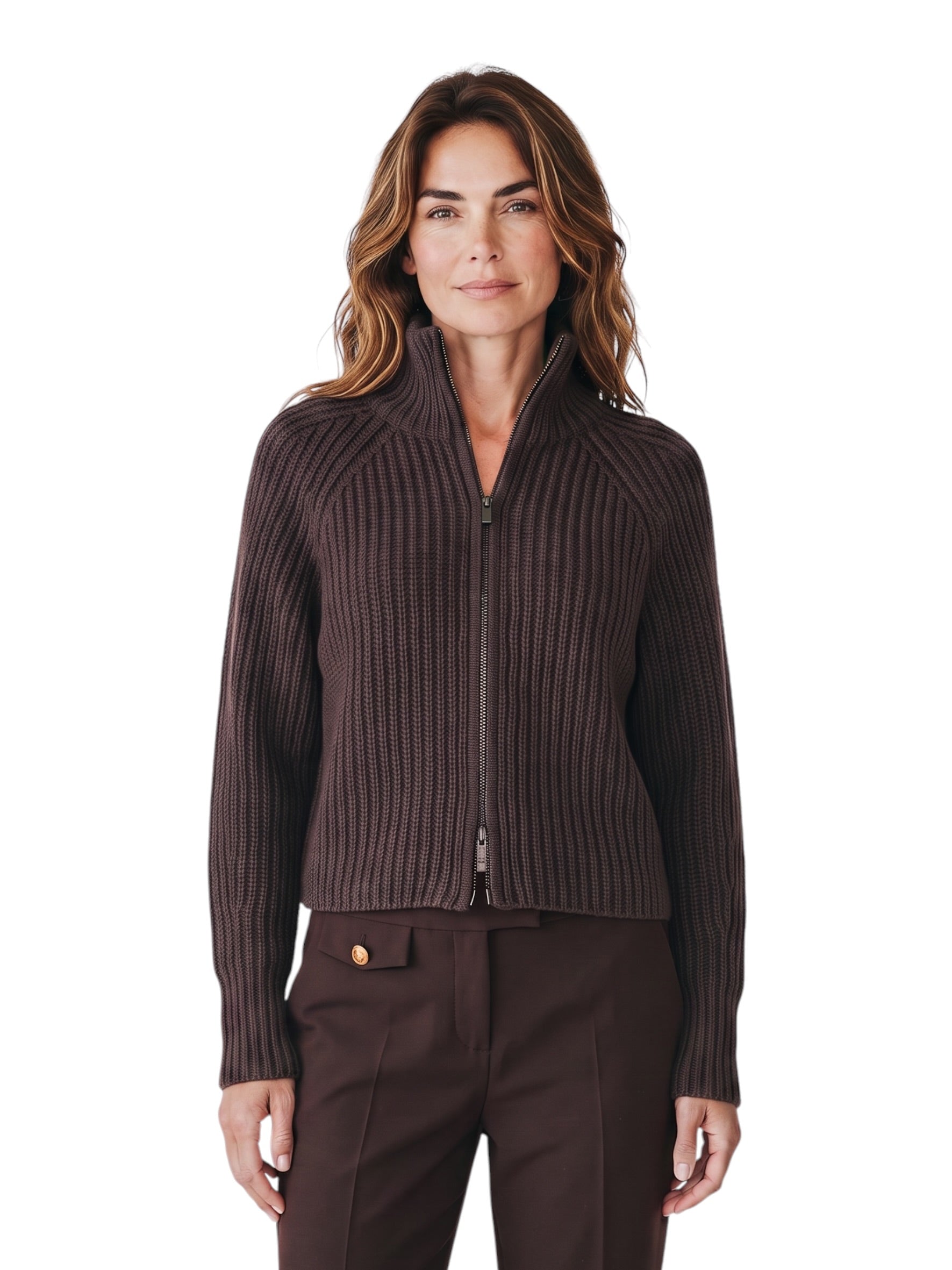 Dunkelbraune Strickjacke mit Reißverschluss und Stehkragen von FFC