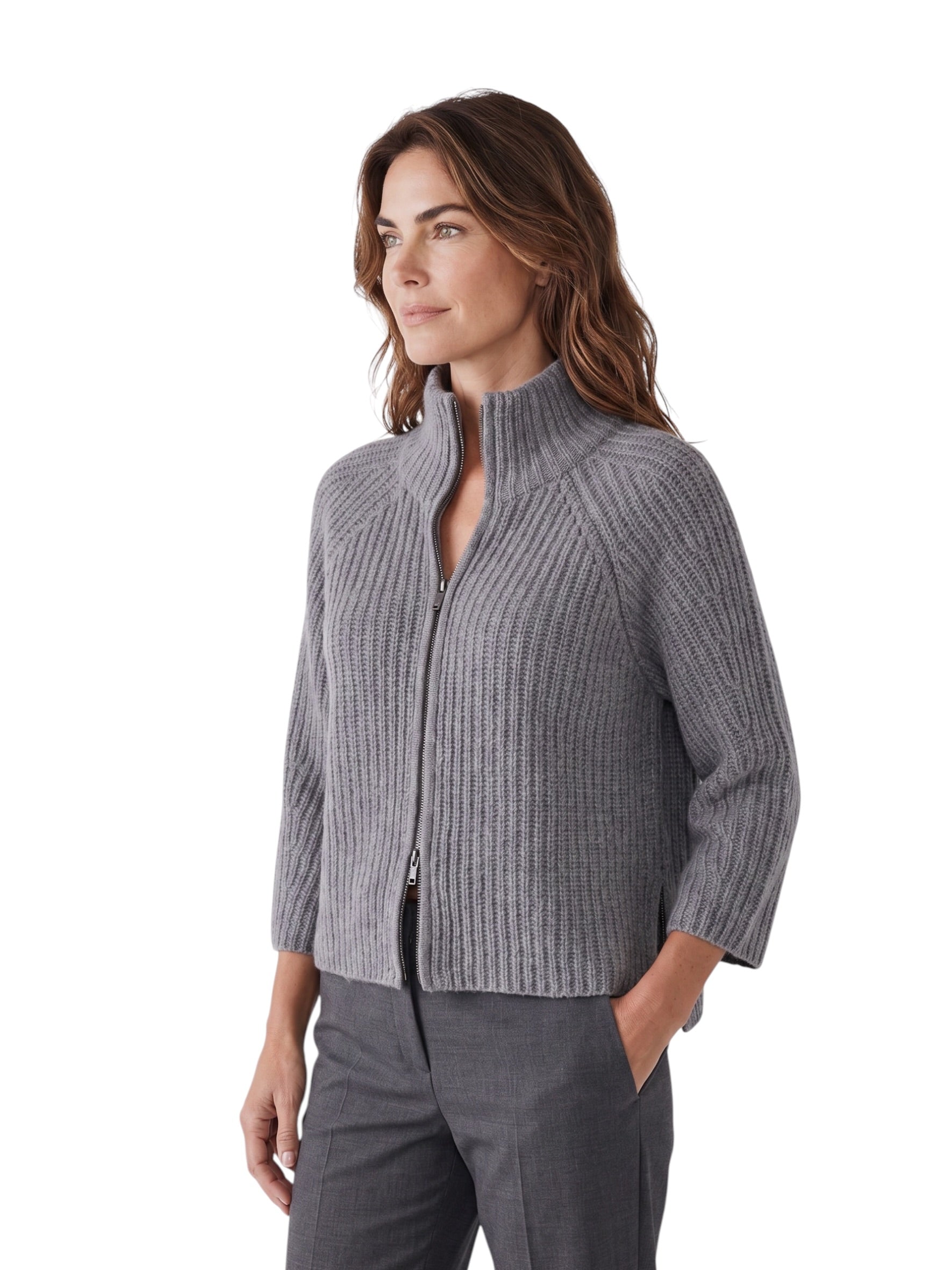 Graue Strickjacke mit Reißverschluss und Stehkragen von FFC