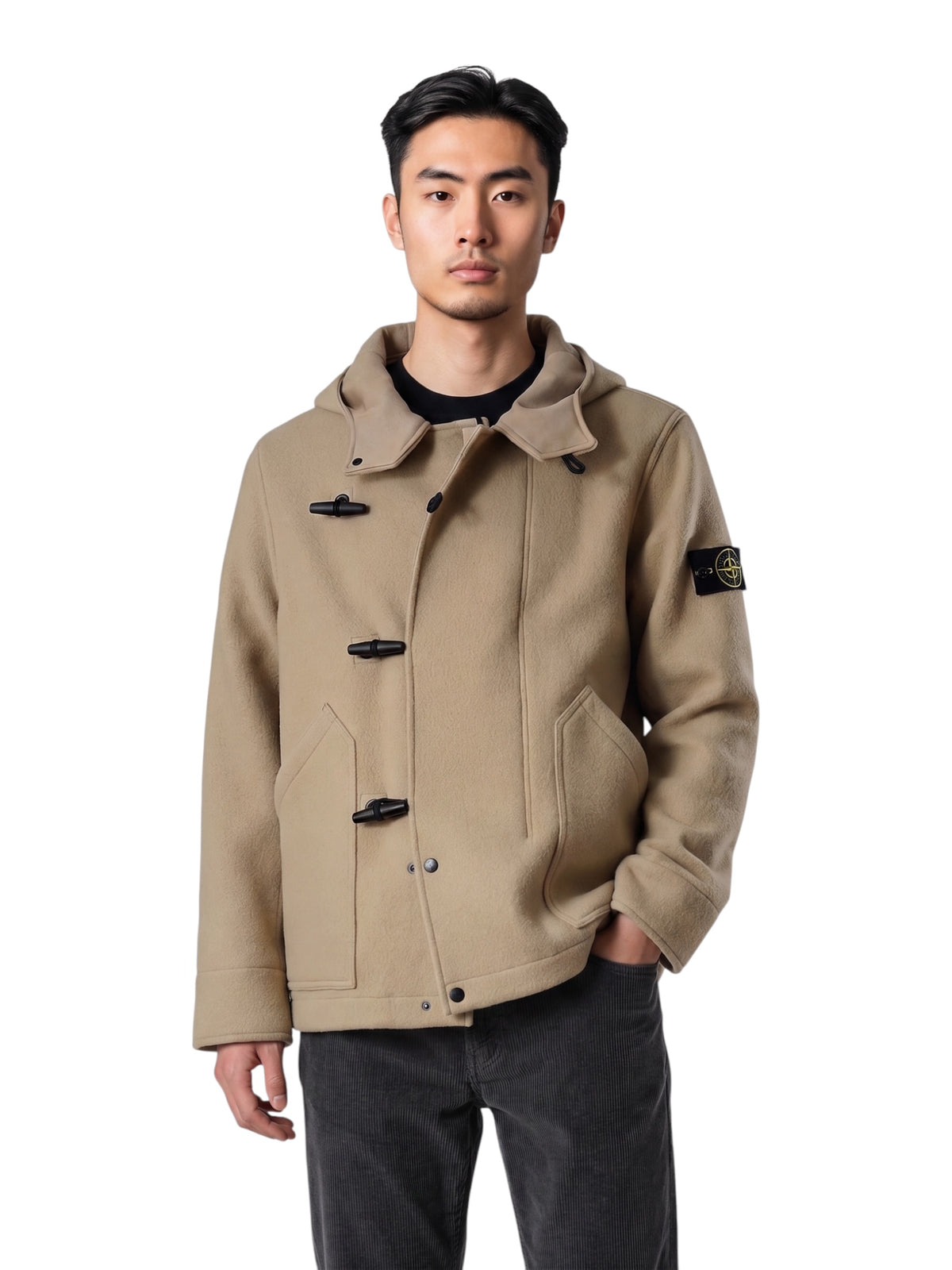 Sandfarbener kurzer Dufflecoat aus schwerem Melton von Stone Island